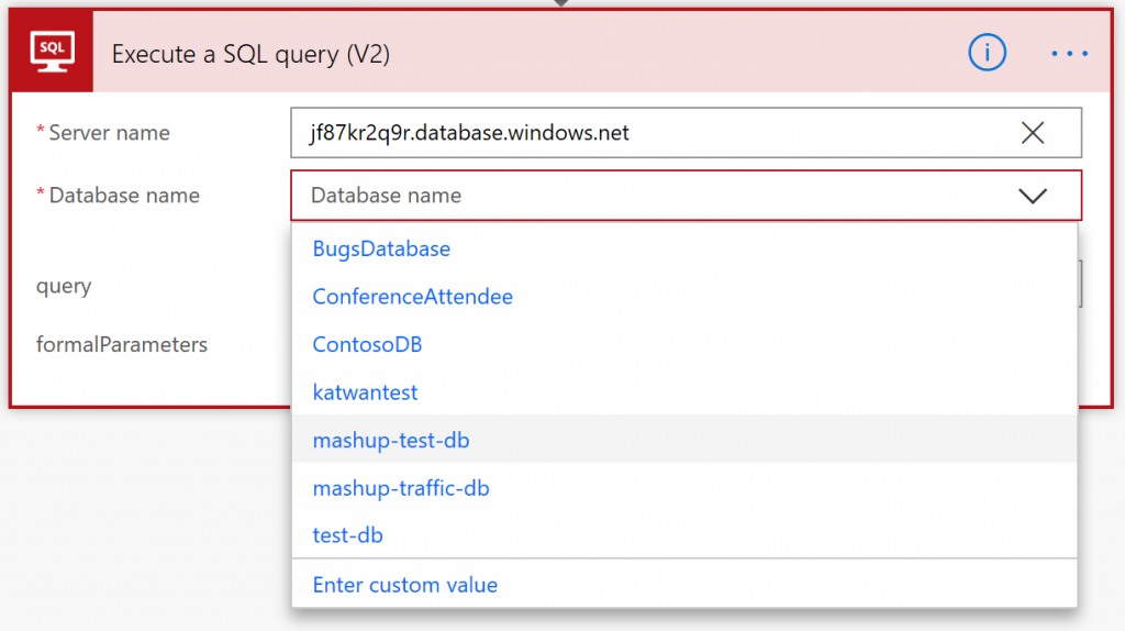 SQL connector in Flow - Database dropdown