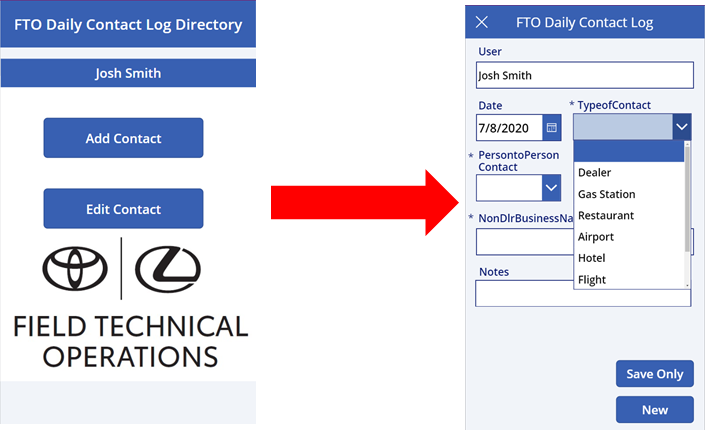 Microsoft Power App: FTO Daily Contact Log Directory