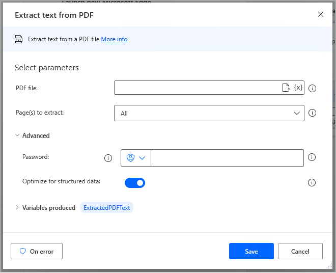 Optimize for structured data option in PDF action