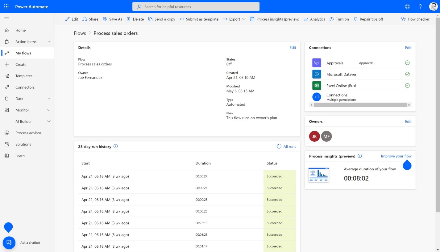Screen in Power Automate for web showing an established cloud flow with the new process insights (preview) card.