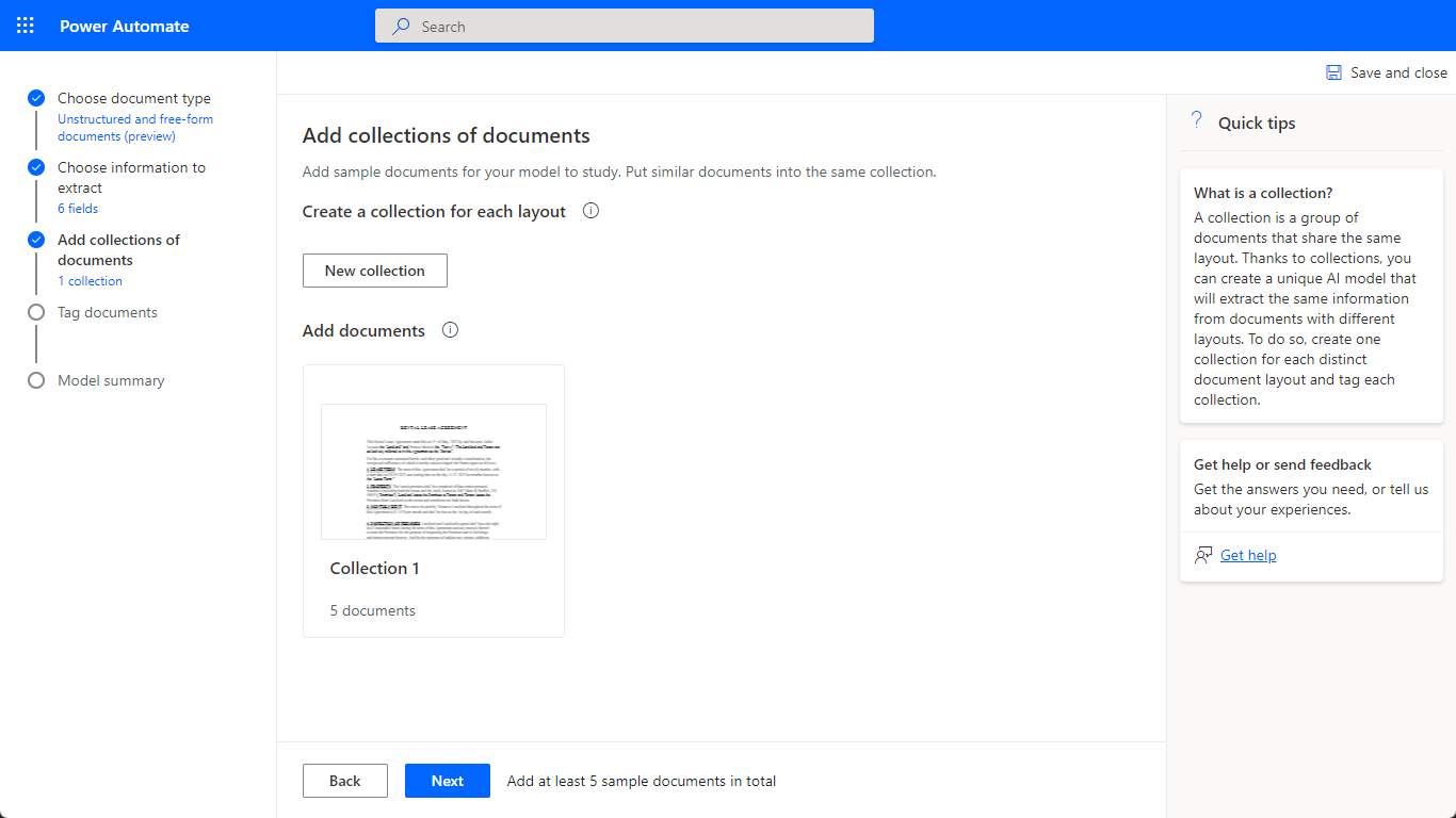 Screenshot of the training wizard step where to upload sample documents