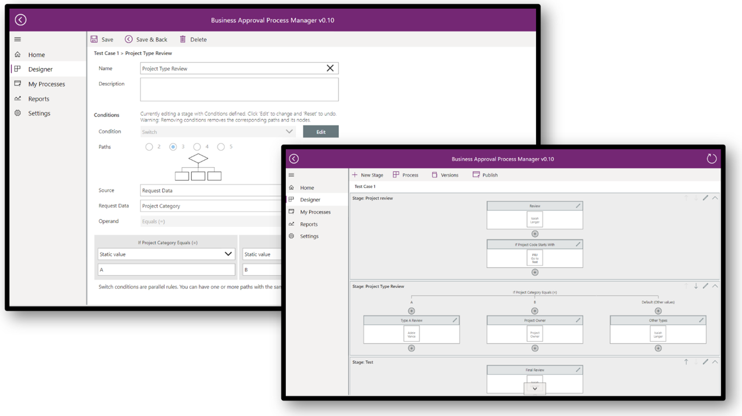 Two screens showing the business approvals process manager areas