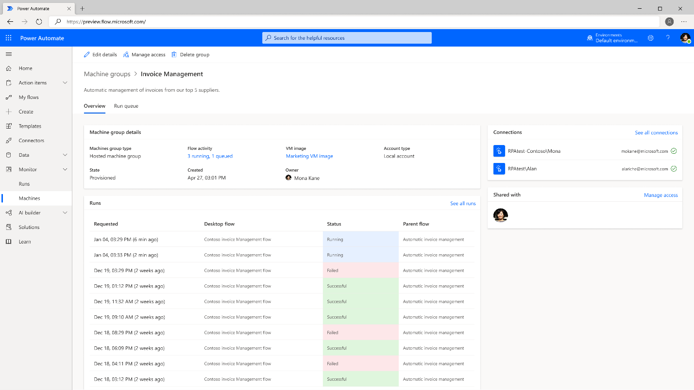 Screenshot of Power Automate invoice management where users can view and manage flow status including succeeded, running, and queued.