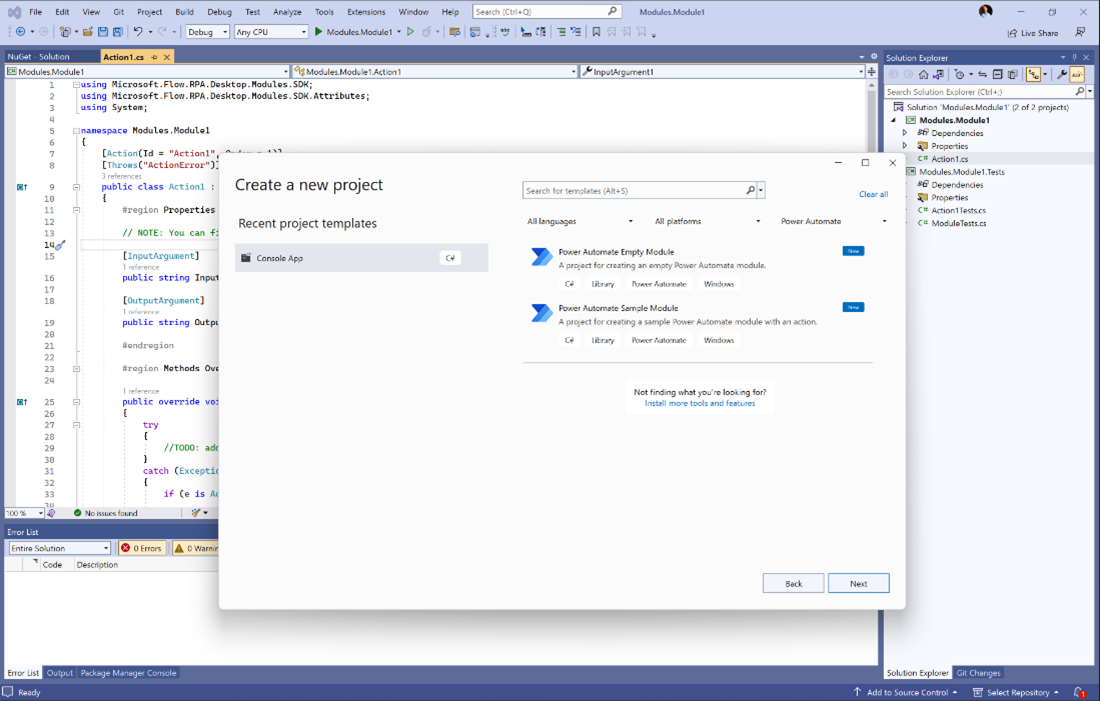 Creating a new project for the actions SDK for desktop flows in Visual Studio.