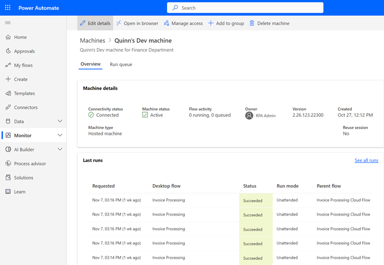 Managing hosted machines in the Power Automate web portal.