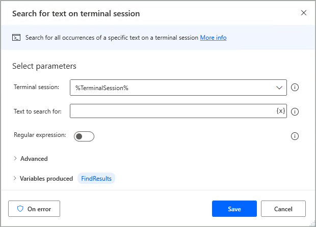 'Search for text on terminal session' action