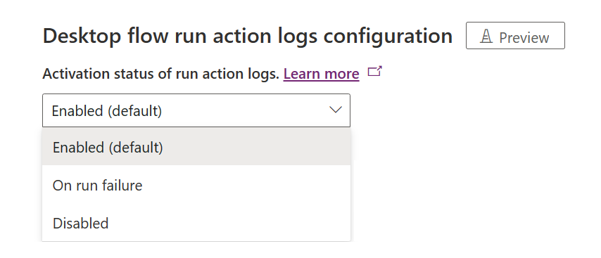 Showing an environment-level setting screenshot that allows admins to configure desktop flow action logs