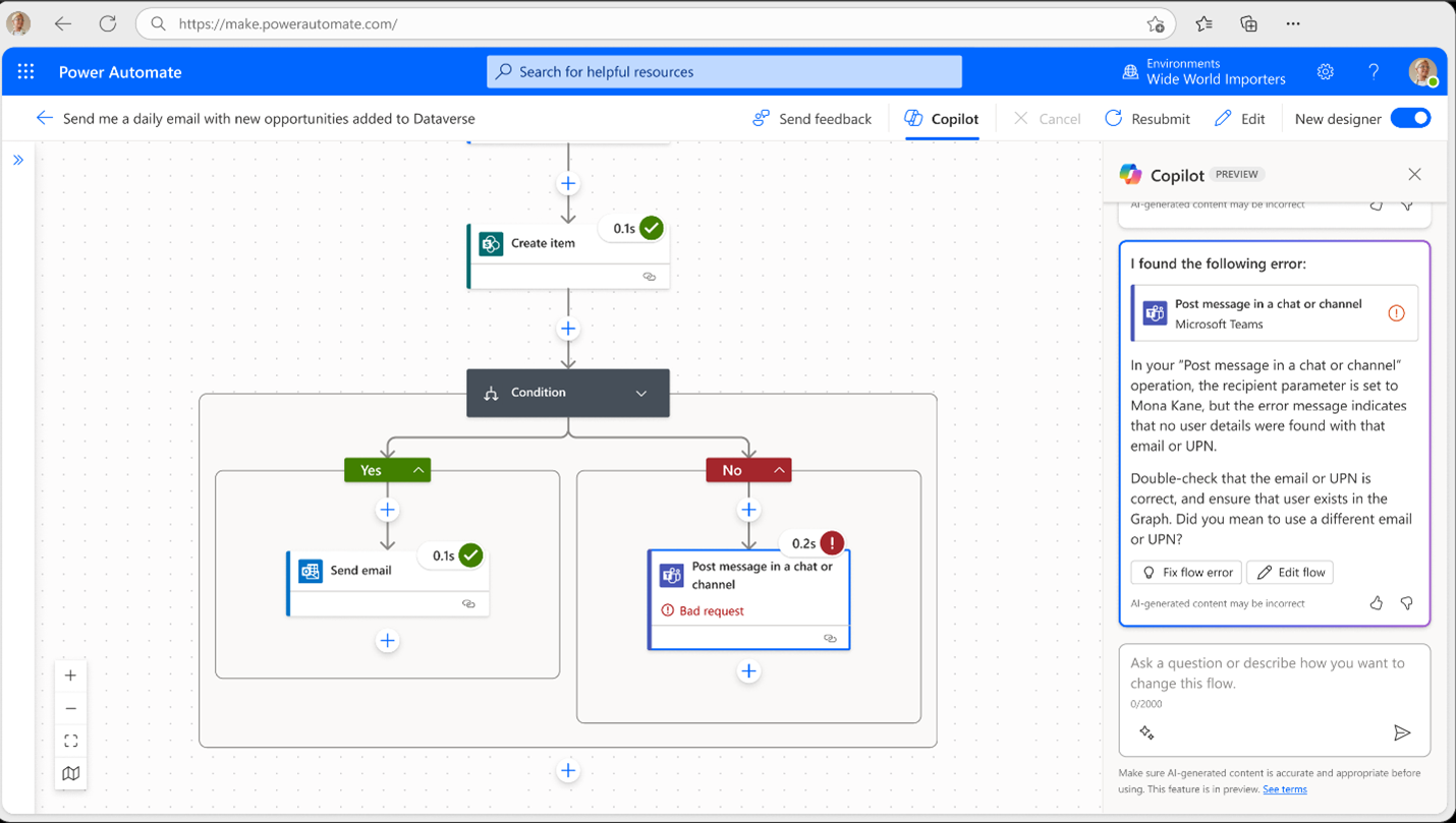 Cloud flow designer in Power Automate showing troubleshooting with Copilot